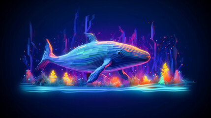 Whale with Neon Glow in Low Poly Style. Geometric Watercolor Ocean And Sea. Generative AI