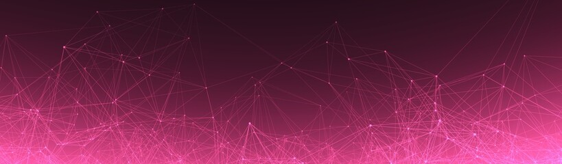 Purple pink gradient web banner background. Fantasy abstract technology, engineering and science backplate with particles and plexus connected lines. Wireframe 3D illustration and copy space