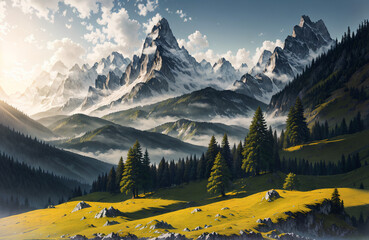 Artwork of a beautiful mountain landscape, Generative AI