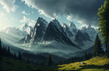 Artwork of a beautiful mountain landscape, Generative AI