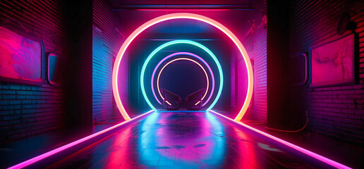 a hallway with neon lights and a circular arc