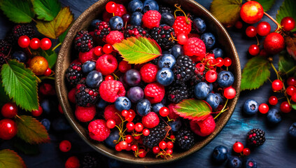 many berries and green plants in a bowl