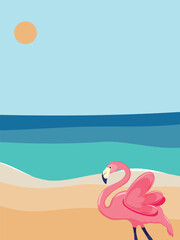 Pink flamingo on the beach. Vector illustration of summer sea, sky, sand, flamingo. Banner background, eps 10.