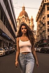 Obraz na płótnie Canvas Indian young girl walking on the Mumbai City street generative ai 