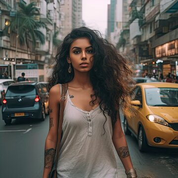  Indian Young Girl  Walking On The  Mumbai City Street Generative Ai 