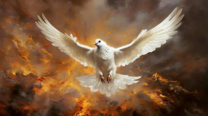 Pentecost Sunday. Flying white dove in fire background. Symbol of the Holy Spirit descent upon the Apostles and other followers of Jesus. Generative AI