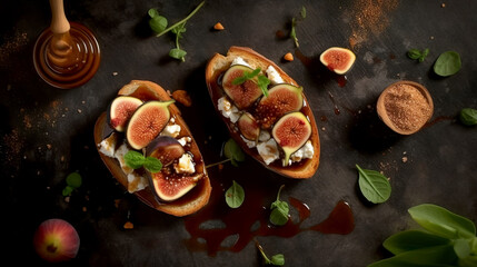 Bruschetta with figs and cheese on rustic table. Cuisine of Italian. Flat lay. Generative AI