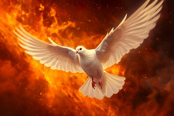 Pentecost Sunday. Flying white dove in fire background. Symbol of the Holy Spirit descent upon the Apostles and other followers of Jesus. Generative AI