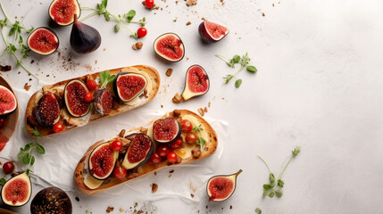 Bruschetta with figs and cheese on light table. Cuisine of Italian. Flat lay. Banner. Generative AI