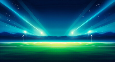a football pitch lit by beams on a green field