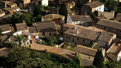 aerial view of houses with tile roofs