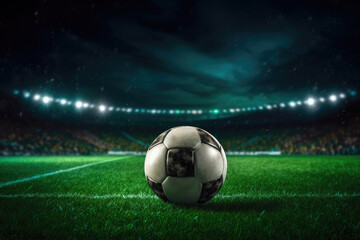 Fototapeta premium football ball on the grass of a football field. Lights on the stadium at night Ai generative