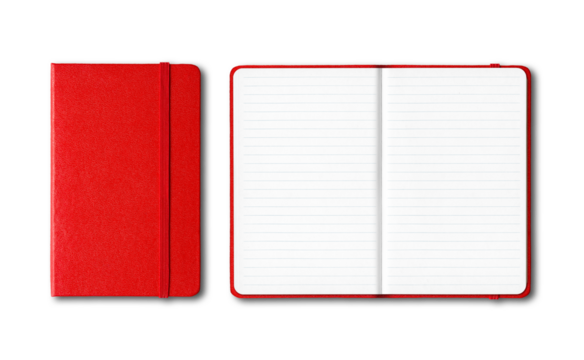 Red closed and open lined notebooks isolated on transparent background