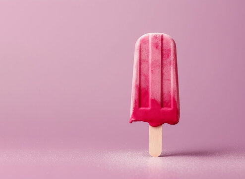 Ghiacciolo alla fragola 3d succoso su sfondo tono su tono rosa shocking , concetto di estate, base bianca, stecca beige, , creato con ai 