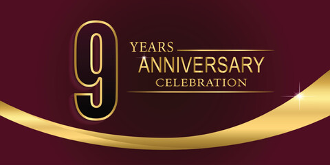 9th Year anniversary celebration background. Golden lettering and a gold ribbon on dark background,vector design for celebration, invitation card, and greeting card.