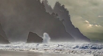 Heavy surf crashing on the headlands at Neskowin, Oregon