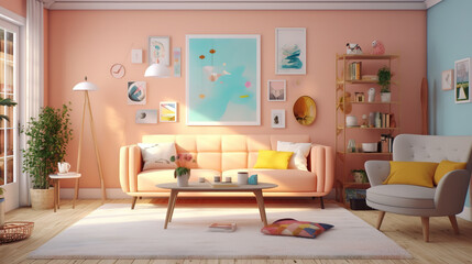 Pastel living room vintage style 3d render. Generative ai