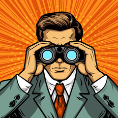 Young male businessman in a suit looks out through binoculars for competitors and new horizons, vector illustration in comic vintage style