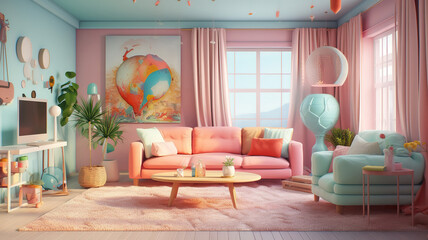 Obraz premium Cozy living room in pastel colors. Generative ai