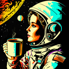 Young beautiful woman astronaut drinks hot coffee or tea in space against background of other planets and stars, resting from work on a journey to other galaxies. Illustration in vintage comic style