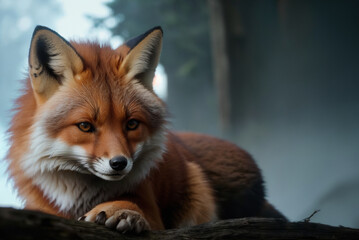 Fototapeta premium low angle closeup of wild fox laying on tree trunk with blurry forest tree in background, generative AI 