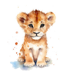 portrait little cute lion baby in watercolor isolated against transparent background