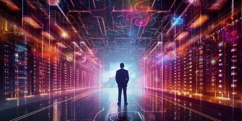 Fototapeta na wymiar Digital graphics Futuristic 3D Concept, Big Data Center , Chief Technology Officers Standing In Warehouse, Information Digitalization Lines, technology and data, Generative AI.