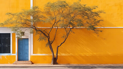 AmazingTree against a yellow building in Pondicherry, Puducherry, Tamil Nadu. Generative ai