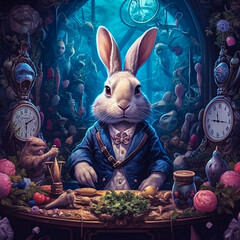 Surreal Easter Bunny in his Kitchen making food