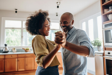 Authentic moment of an African American retired couple sharing a dance in the kitchen, an embodiment of enduring love and romance, generative ai