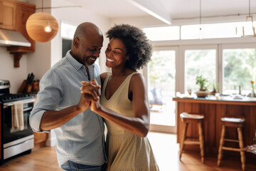 Authentic moment of an African American retired couple sharing a dance in the kitchen, an embodiment of enduring love and romance, generative ai
