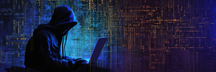 Hacker mit Kapuze, dunkles Web Internet Banner mit Lichteffekt, Generative AI