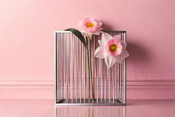 Daffodil vase arrangement on a light pink background, with a metal wire grid panel as minimalist decor