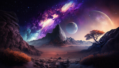 Fantasy landscape with stars, planets and mountains. AI	