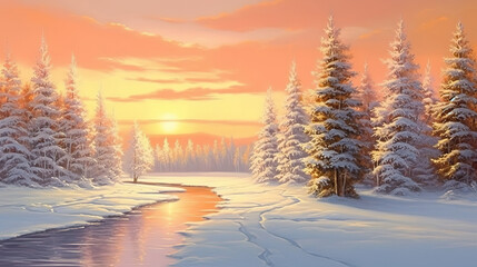 Golden Christmas trees in snowy landscap. Generative ai