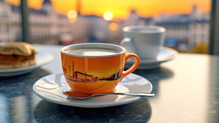 Obraz premium Cup of morning coffee with croissants in Paris. Generative ai