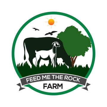 Farm animal logo with grass, tree, birds, and sun inspiration. Flat design. Vector illustration concept