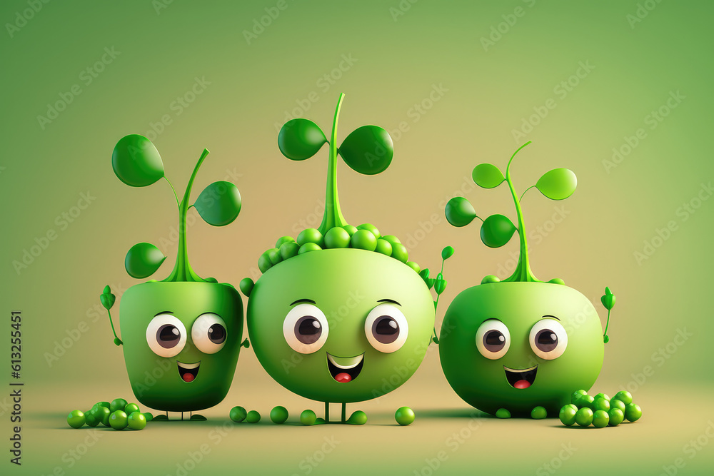 Sticker Three Cute green pea 3d cartoon character. Peas seed vegetable with eyes and smile. Funny mascot on flat background, copy space. Generative AI 3d render illustration imitation.