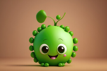 Smiling green pea 3d cartoon character. Peas seed vegetable with eyes and smile. Funny mascot on flat background, copy space. Generative AI 3d render illustration imitation.