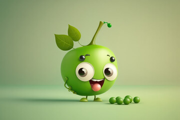 Cute green pea 3d cartoon character. Peas seed vegetable with leaves. Funny mascot on flat background, copy space. Generative AI 3d render illustration imitation.