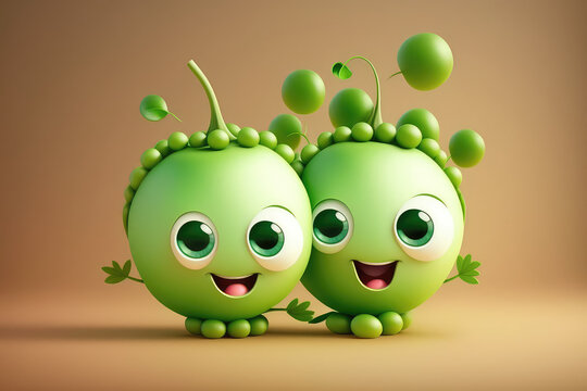 Two Cute green pea 3d cartoon character. Peas seed vegetable with eyes and smile. Funny mascot on flat background, copy space. Generative AI 3d render illustration imitation.