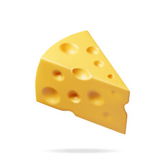 3D Triangular Piece of Cheese Isolated on White. Render Cheese Icon. Milk Dairy Product. Realistic Organic Healthy Food Symbol. Vector Illustration