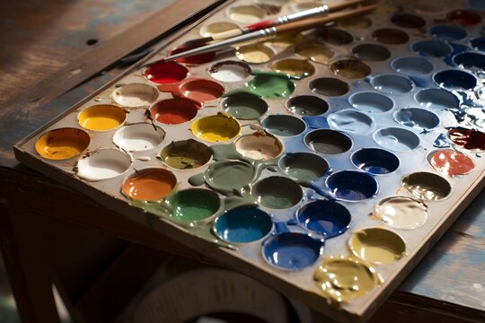 A wooden painting palette with multiple dollops of colored paint on it, ready for use in a child's art project.