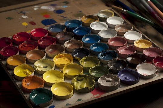A wooden painting palette with splashes of colored paint.