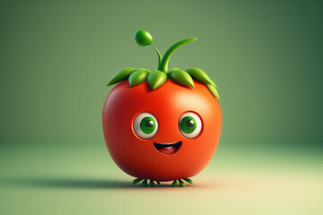 Cute red tomato 3d cartoon character. Ripe tomato vegetable with eyes. Funny mascot on flat background, copy space. Generative AI 3d render illustration imitation.