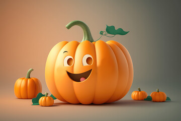Cute orange pumpkin 3d cartoon character composition. Ripe Halloween pumpkin vegetable. Funny mascot on flat background, copy space. Generative AI 3d render illustration imitation. - obrazy, fototapety, plakaty