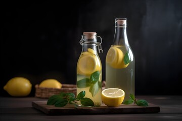 A refreshing glass of cold peppermint tea with a slice of lemon, served in a glass bottle.