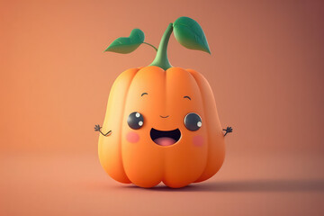 Cute orange pumpkin 3d cartoon character. Ripe Halloween pumpkin vegetable. Funny mascot on flat background, copy space. Generative AI 3d render illustration imitation.