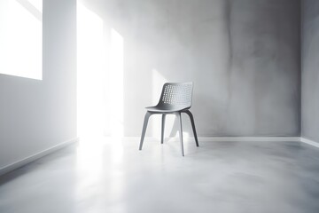 A gray chair sits in a white concrete room, providing ample copy space.