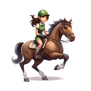 Illustration of a young girl riding a horse on a white background